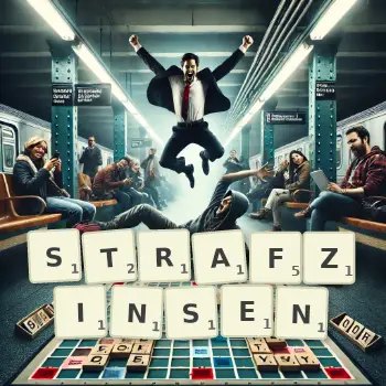 Kreative Illustration für ein Scrabble-Spiel, bei dem das Wort STRAFZINSEN mit Steinen auf dem Brett gelegt wurde.