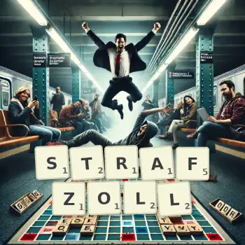 Kreative Illustration für ein Scrabble-Spiel, bei dem das Wort STRAFZOLL mit Steinen auf dem Brett gelegt wurde.