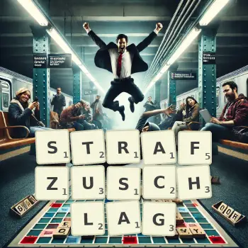 Kreative Illustration für ein Scrabble-Spiel, bei dem das Wort STRAFZUSCHLAG mit Steinen auf dem Brett gelegt wurde.
