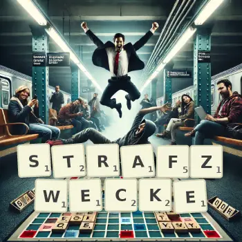 Kreative Illustration für ein Scrabble-Spiel, bei dem das Wort STRAFZWECKE mit Steinen auf dem Brett gelegt wurde.