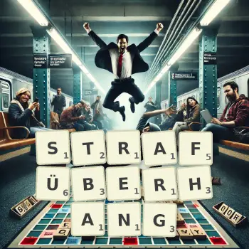 Kreative Illustration für ein Scrabble-Spiel, bei dem das Wort STRAFÜBERHANG mit Steinen auf dem Brett gelegt wurde.