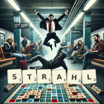 Kreative Illustration für ein Scrabble-Spiel, bei dem das Wort STRAHL mit Steinen auf dem Brett gelegt wurde.