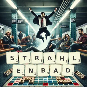 Kreative Illustration für ein Scrabble-Spiel, bei dem das Wort STRAHLENBAD mit Steinen auf dem Brett gelegt wurde.