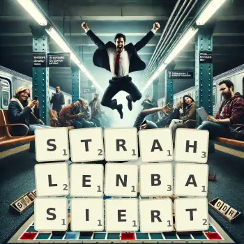 Kreative Illustration für ein Scrabble-Spiel, bei dem das Wort STRAHLENBASIERT mit Steinen auf dem Brett gelegt wurde.
