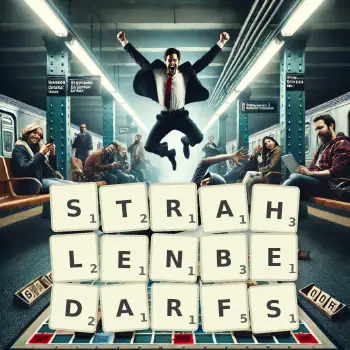 Kreative Illustration für ein Scrabble-Spiel, bei dem das Wort STRAHLENBEDARFS mit Steinen auf dem Brett gelegt wurde.