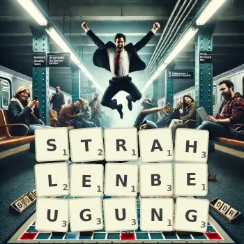 Kreative Illustration für ein Scrabble-Spiel, bei dem das Wort STRAHLENBEUGUNG mit Steinen auf dem Brett gelegt wurde.