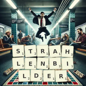 Kreative Illustration für ein Scrabble-Spiel, bei dem das Wort STRAHLENBILDER mit Steinen auf dem Brett gelegt wurde.