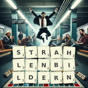 Kreative Illustration für ein Scrabble-Spiel, bei dem das Wort STRAHLENBILDERN mit Steinen auf dem Brett gelegt wurde.