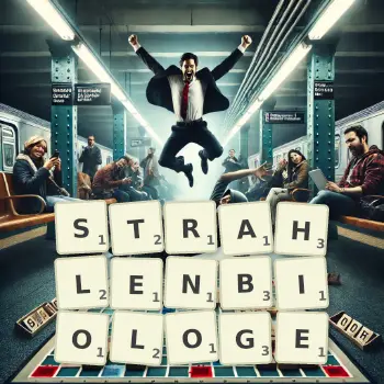 Kreative Illustration für ein Scrabble-Spiel, bei dem das Wort STRAHLENBIOLOGE mit Steinen auf dem Brett gelegt wurde.