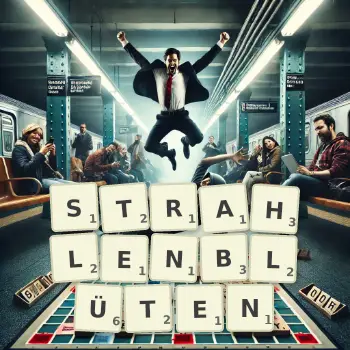 Kreative Illustration für ein Scrabble-Spiel, bei dem das Wort STRAHLENBLÜTEN mit Steinen auf dem Brett gelegt wurde.