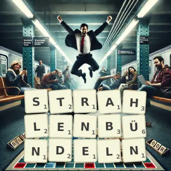 Kreative Illustration für ein Scrabble-Spiel, bei dem das Wort STRAHLENBÜNDELN mit Steinen auf dem Brett gelegt wurde.