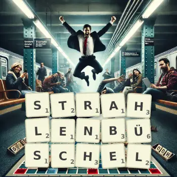 Kreative Illustration für ein Scrabble-Spiel, bei dem das Wort STRAHLENBÜSCHEL mit Steinen auf dem Brett gelegt wurde.