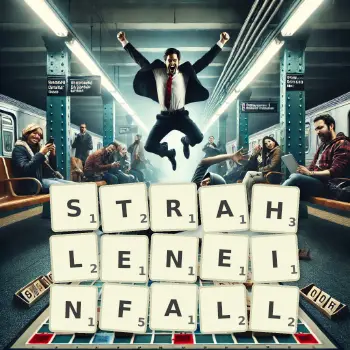 Kreative Illustration für ein Scrabble-Spiel, bei dem das Wort STRAHLENEINFALL mit Steinen auf dem Brett gelegt wurde.