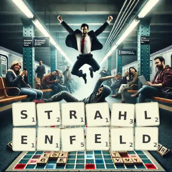 Kreative Illustration für ein Scrabble-Spiel, bei dem das Wort STRAHLENFELD mit Steinen auf dem Brett gelegt wurde.