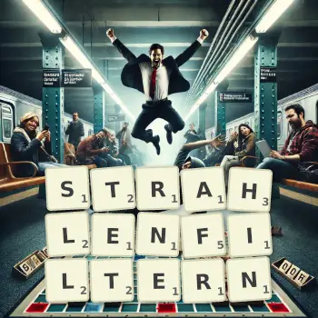 Kreative Illustration für ein Scrabble-Spiel, bei dem das Wort STRAHLENFILTERN mit Steinen auf dem Brett gelegt wurde.