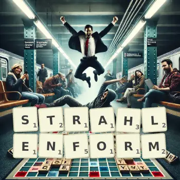 Kreative Illustration für ein Scrabble-Spiel, bei dem das Wort STRAHLENFORM mit Steinen auf dem Brett gelegt wurde.