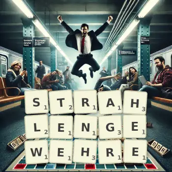 Kreative Illustration für ein Scrabble-Spiel, bei dem das Wort STRAHLENGEWEHRE mit Steinen auf dem Brett gelegt wurde.