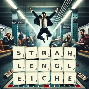 Kreative Illustration für ein Scrabble-Spiel, bei dem das Wort STRAHLENGLEICHE mit Steinen auf dem Brett gelegt wurde.