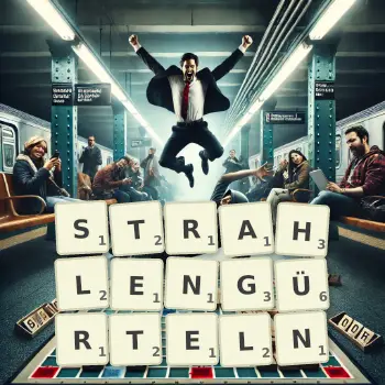 Kreative Illustration für ein Scrabble-Spiel, bei dem das Wort STRAHLENGÜRTELN mit Steinen auf dem Brett gelegt wurde.