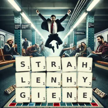 Kreative Illustration für ein Scrabble-Spiel, bei dem das Wort STRAHLENHYGIENE mit Steinen auf dem Brett gelegt wurde.