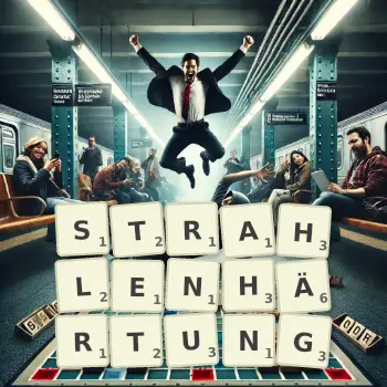 Kreative Illustration für ein Scrabble-Spiel, bei dem das Wort STRAHLENHÄRTUNG mit Steinen auf dem Brett gelegt wurde.