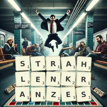 Kreative Illustration für ein Scrabble-Spiel, bei dem das Wort STRAHLENKRANZES mit Steinen auf dem Brett gelegt wurde.