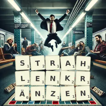 Kreative Illustration für ein Scrabble-Spiel, bei dem das Wort STRAHLENKRÄNZEN mit Steinen auf dem Brett gelegt wurde.