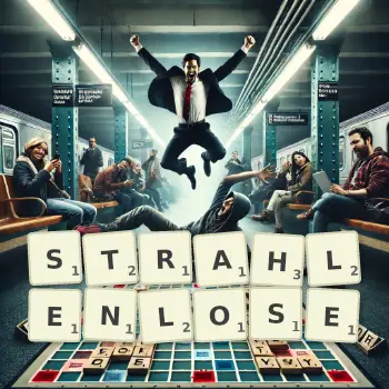 Kreative Illustration für ein Scrabble-Spiel, bei dem das Wort STRAHLENLOSE mit Steinen auf dem Brett gelegt wurde.