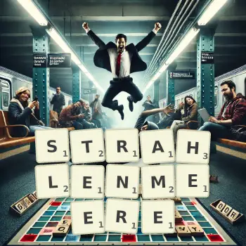 Kreative Illustration für ein Scrabble-Spiel, bei dem das Wort STRAHLENMEERE mit Steinen auf dem Brett gelegt wurde.