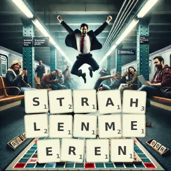 Kreative Illustration für ein Scrabble-Spiel, bei dem das Wort STRAHLENMEEREN mit Steinen auf dem Brett gelegt wurde.