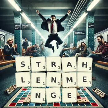 Kreative Illustration für ein Scrabble-Spiel, bei dem das Wort STRAHLENMENGE mit Steinen auf dem Brett gelegt wurde.