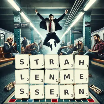 Kreative Illustration für ein Scrabble-Spiel, bei dem das Wort STRAHLENMESSERN mit Steinen auf dem Brett gelegt wurde.