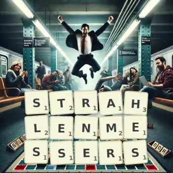 Kreative Illustration für ein Scrabble-Spiel, bei dem das Wort STRAHLENMESSERS mit Steinen auf dem Brett gelegt wurde.