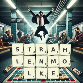 Kreative Illustration für ein Scrabble-Spiel, bei dem das Wort STRAHLENMOLKE mit Steinen auf dem Brett gelegt wurde.