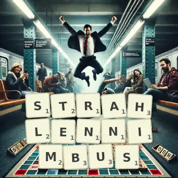 Kreative Illustration für ein Scrabble-Spiel, bei dem das Wort STRAHLENNIMBUS mit Steinen auf dem Brett gelegt wurde.