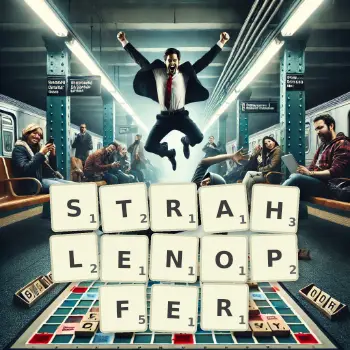 Kreative Illustration für ein Scrabble-Spiel, bei dem das Wort STRAHLENOPFER mit Steinen auf dem Brett gelegt wurde.