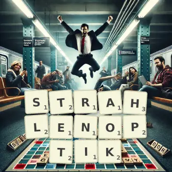 Kreative Illustration für ein Scrabble-Spiel, bei dem das Wort STRAHLENOPTIK mit Steinen auf dem Brett gelegt wurde.