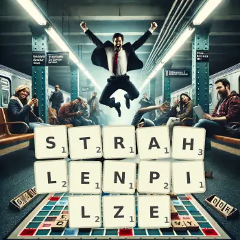 Kreative Illustration für ein Scrabble-Spiel, bei dem das Wort STRAHLENPILZE mit Steinen auf dem Brett gelegt wurde.