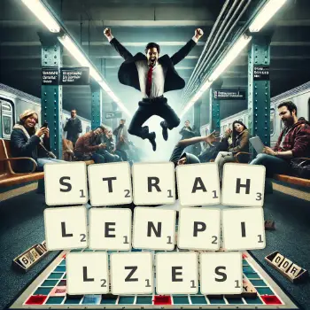 Kreative Illustration für ein Scrabble-Spiel, bei dem das Wort STRAHLENPILZES mit Steinen auf dem Brett gelegt wurde.