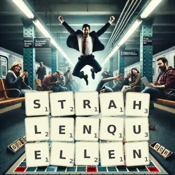 Kreative Illustration für ein Scrabble-Spiel, bei dem das Wort STRAHLENQUELLEN mit Steinen auf dem Brett gelegt wurde.