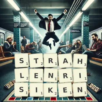 Kreative Illustration für ein Scrabble-Spiel, bei dem das Wort STRAHLENRISIKEN mit Steinen auf dem Brett gelegt wurde.