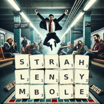 Kreative Illustration für ein Scrabble-Spiel, bei dem das Wort STRAHLENSYMBOLE mit Steinen auf dem Brett gelegt wurde.