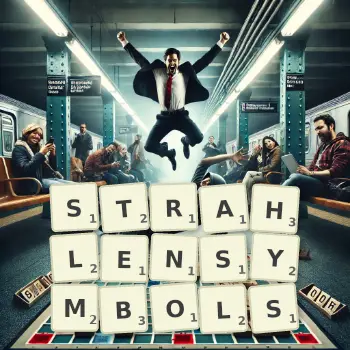 Kreative Illustration für ein Scrabble-Spiel, bei dem das Wort STRAHLENSYMBOLS mit Steinen auf dem Brett gelegt wurde.