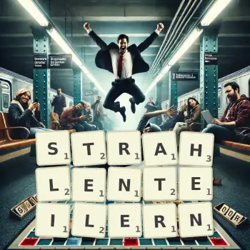 Kreative Illustration für ein Scrabble-Spiel, bei dem das Wort STRAHLENTEILERN mit Steinen auf dem Brett gelegt wurde.