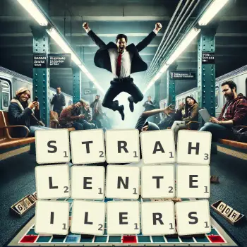 Kreative Illustration für ein Scrabble-Spiel, bei dem das Wort STRAHLENTEILERS mit Steinen auf dem Brett gelegt wurde.