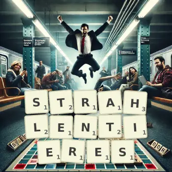 Kreative Illustration für ein Scrabble-Spiel, bei dem das Wort STRAHLENTIERES mit Steinen auf dem Brett gelegt wurde.