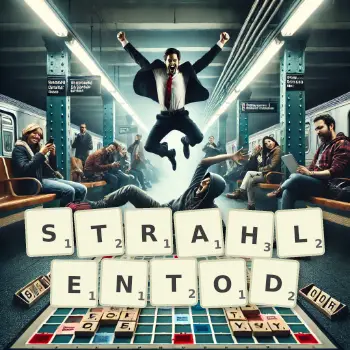 Kreative Illustration für ein Scrabble-Spiel, bei dem das Wort STRAHLENTOD mit Steinen auf dem Brett gelegt wurde.