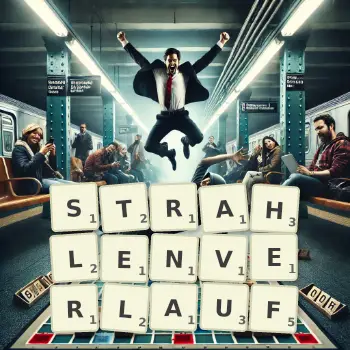 Kreative Illustration für ein Scrabble-Spiel, bei dem das Wort STRAHLENVERLAUF mit Steinen auf dem Brett gelegt wurde.