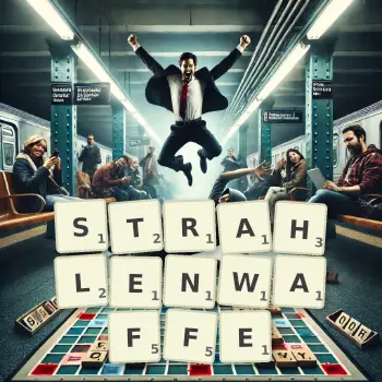 Kreative Illustration für ein Scrabble-Spiel, bei dem das Wort STRAHLENWAFFE mit Steinen auf dem Brett gelegt wurde.