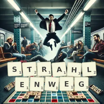 Kreative Illustration für ein Scrabble-Spiel, bei dem das Wort STRAHLENWEG mit Steinen auf dem Brett gelegt wurde.